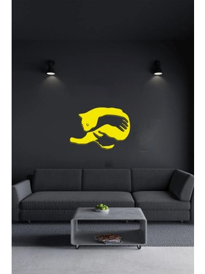 Şefkatli Kedi Sarı Ahşap Tablo, Mdf Lazer Kesim, 3mm Duvar Dekorasyonu, Kendinden Yapışkanlı