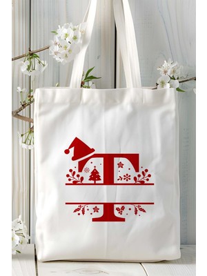 T Harfi Yeni Yıl Noel Yeniyıl Isimli Baskılı Bez Omuz Çantası Çift Taraflı Kişiye Özel Model 23