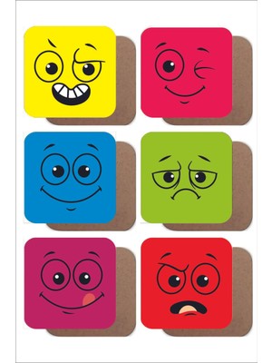 Renkli Yüz Ifadeleri 6'lı Ahşap Bardak Altlığı Seti, Şık ve Eğlenceli Dekorasyon Için