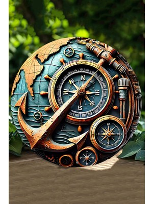 Pusula ve Çapa Temalı 3D Ahşap Duvar Süsü, 20X20 Cm, Şık Dekoratif Obje
