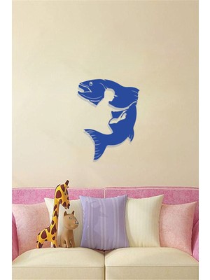 Mavi Ahşap Balık Tutan Adam Tablo, Mdf Lazer Kesim, 3mm, Kendinden Yapışkanlı