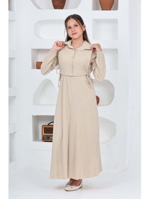 Kız Çocuk Uzun Boy Gofre Kumaş %100 Pamuk Jile & Elbise Iki Parça Takım – Astarlı Zarif SET-4948-ELB-0048