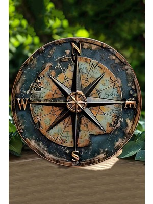 Ahşap Duvar Süsü, Vintage Pusula Tasarımı, 20X20 Cm, Dekoratif ve Şık Parça