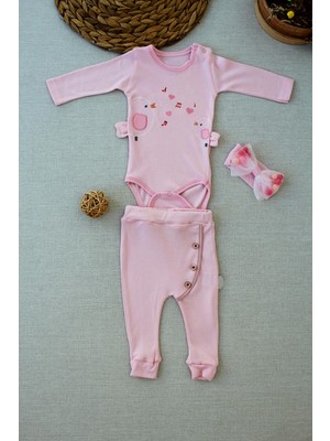 3-6 6-9 9-12 Ay Şarkıcı Kuşlar Nakışlı Bandanalı Uzun Kollu Zıbınlı 3lü Kız Bebek Takımı Pembe