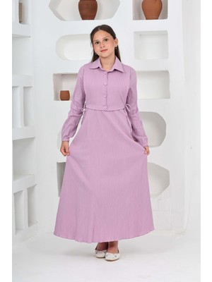 Kız Çocuk Uzun Gofre Kumaş Jile & Elbise Iki Parça Takım Tesettür Elbise – Astarlı Zarif SET-4948-ELB-2048