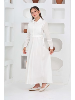 Kız Çocuk Uzun Gofre Kumaş Jile & Elbise Iki Parça Takım Tesettür Elbise – Astarlı Zarif SET-4948-ELB-2048