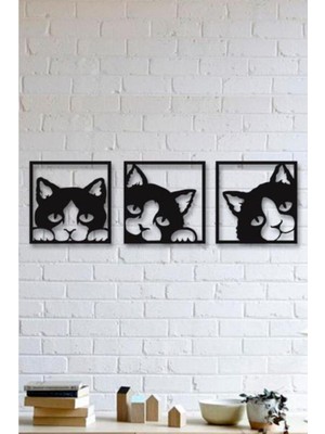 Şık 3'lü Kedi Duvar Tablosu, Ahşap ve Mdf, Siyah Dekorasyon Parçası
