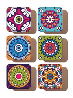 Renkli Mandala Temalı 6'lı Ahşap Bardak Altlığı Seti, Şık ve Doğal Tasarım