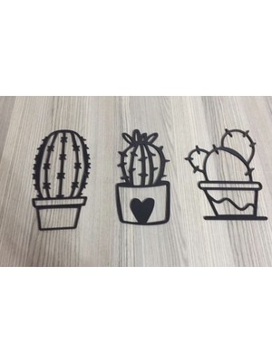3'lü Kaktüs Seti, Siyah Ahşap Arkası, Bantlı, 20 Cm, Kolay Uygulama