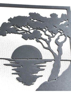 Gün Batımı Manzara Duvar Süsü, Siyah Ahşap Tablo, Şık Dekorasyon Parçası