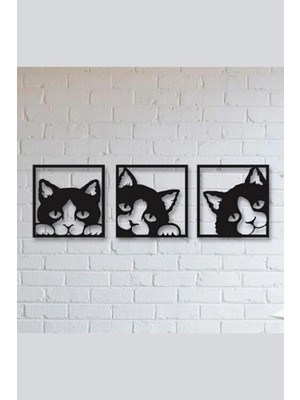 3'lü Kedi Temalı Ahşap Duvar Tablosu 25X25CM, Şık ve Doğal Dekorasyon Seçeneği