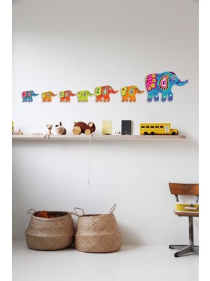 Mavi Ahşap Fil Figürlü Duvar Süsü, 7 Parça, Dekoratif ve Şık Tasarım