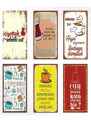 Çay ve Kahve Temalı Renkli 6'lı Ahşap Duvar Posteri Seti