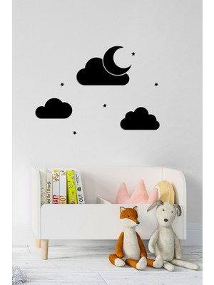 Ahşap Çocuk Odası Bulut Ay ve Yıldız Duvar Süsü, Şık Ev Dekoru