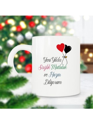 2024 Yeni Yılında Sağlık, Mutluluk ve Huzur Kalpler Yılbaşı Hediyesi Baskılı Kupa Bardak