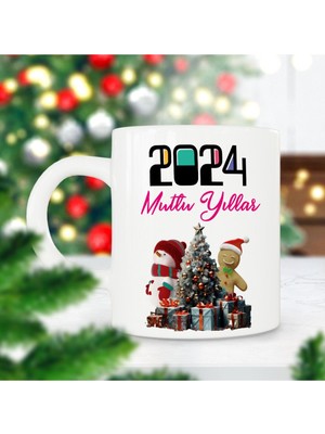 2024 Mutlu Yıllar Kardan Adam Çam Ağacı Yılbaşı Hediyesi Baskılı Kupa Bardak