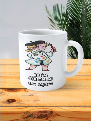 Resim Öğretmeni Baskılı Kupa Bardak Isimli Kişiye Özel Ressam Şapkası