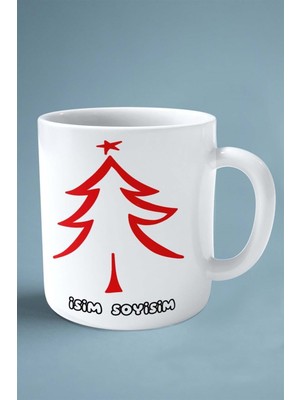 2024 Yılbaşı Noel Isimli Baskılı Kupa Bardak Kırmızı Ağaç Çizgi