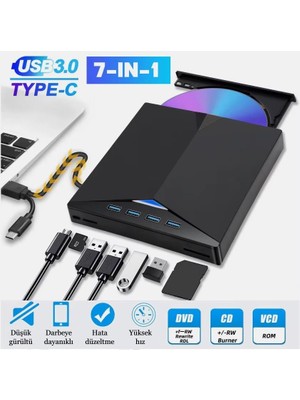Çok Fonksiyonlu 7 In 1 USB 3.0 Type-C Harici DVD Rw CD Sürücü Yazıcı Okuyucu Oynatıcı Optik Sürücü