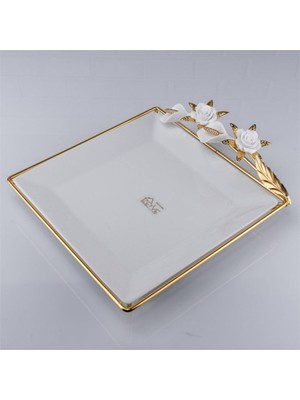 Büyük Kare Sunum Tabağı, Metal Stand, Çiçek Detaylı, 30X30 Cm, Beyaz