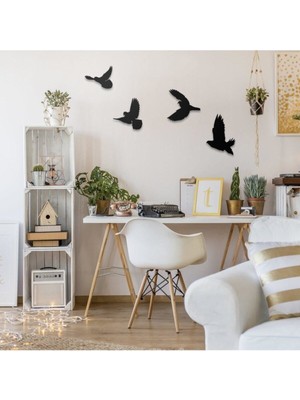 Ahşap Dörtlü Kuş Duvar Süsü, Siyah, Şık ve Doğal Dekorasyon.