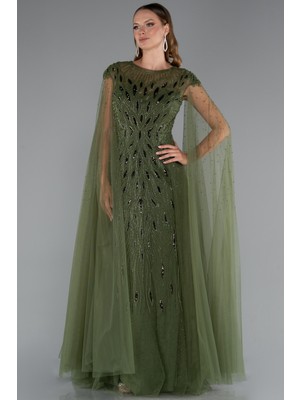 Taş Işleme Pelerinli Uzun Özel Tasarım Abiye ABU4707