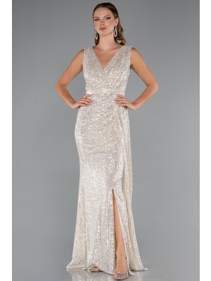 Kolsuz Kruvaze Yaka Uzun Pullu Abiye ABU3201