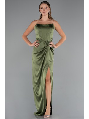 Straplez Balen Korse Yırtmaçlı Uzun Saten Abiye ABU3474