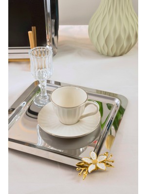 6'lı Kare Paslanmaz Çelik Tepsi Seti 21X21 cm – Gold Papatya Figürlü Kahve & Çay Sunum Tepsisi
