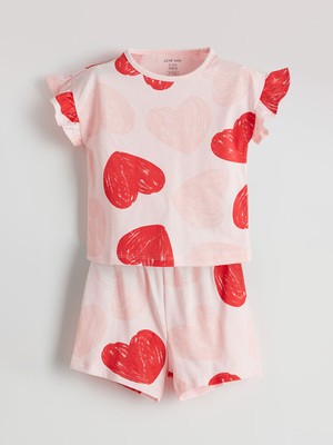 Lc Waikiki Kız Bebek Kalp Baskılı Şortlu Pijama Takımı %100 Pamuk 12 - 18 Ay Yazlık Rahat Kesim S5EA55Z1