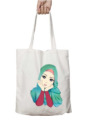 Anime Müslüman Tesettürlü Kadın Iki Taraf Kalıcı Yıkanabilir Okul Plaj Omuz Bez Çanta