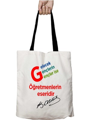 Siyah Kulplu Kişiye Özel Öğretmenler Günü Atatürk Eser Yıkanabilir Okul Omuz Çanta