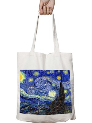 Yıldızlı Gece Vincent Van Gogh Iki Tarafı Kalıcı Baskılı Yıkanabilir Okul Plaj Omuz Bez Çantası