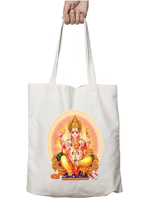 Sri Ganesh Iki Tarafı Kalıcı Baskılı Yıkanabilir Okul Plaj Omuz Bez Çantası