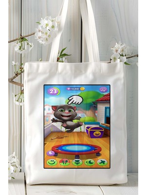 My Talking Angela Mobil Oyun Baskılı Bez Çanta Omuz Çantası Çift Tafaflı Baskı Kişiye Özel 12