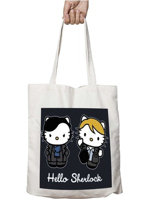 Hello Kitty Sherlock Holmes Iki Tarafı Kalıcı Baskılı Yıkanabilir Okul Plaj Omuz Bez Çantası