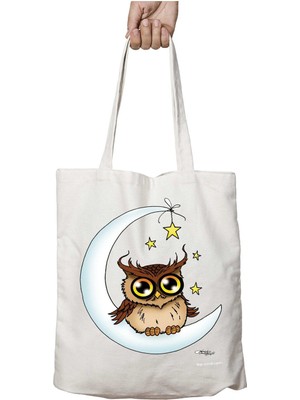 Owl On The Moon By Ayda Baykuş Iki Tarafı Kalıcı Baskılı Yıkanabilir Çanta