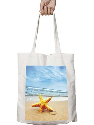 Deniz Yıldızı Yaz Bulut Kumsal Iki Tarafı Kalıcı Baskılı Yıkanabilir Çanta