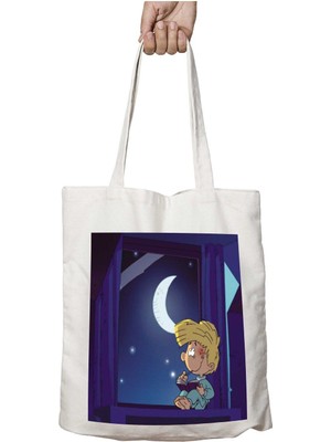 Cedric Gece Ay Iki Tarafı Kalıcı Baskılı Yıkanabilir Okul Plaj Omuz Bez Çantası
