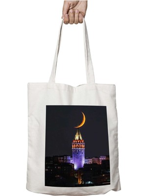 Gece Istanbul Galata Kulesi Iki Tarafı Kalıcı Baskılı Yıkanabilir Çanta