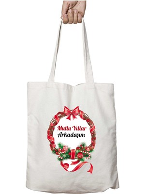 Mutlu Yıllar Arkadaşım Iki Tarafı Kalıcı Baskılı Yıkanabilir Okul Plaj Omuz Bez Çantası