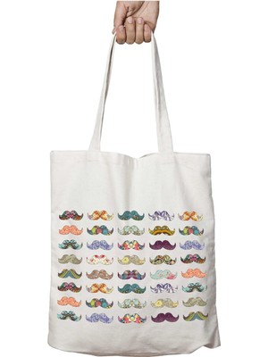 Vintage Bıyıklar Iki Tarafı Kalıcı Baskılı Yıkanabilir Okul Plaj Omuz Bez Çantası