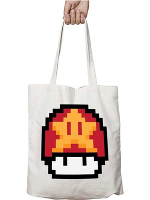 Super Mario Mushroom Star Iki Tarafı Kalıcı Baskılı Yıkanabilir Okul Plaj Omuz Bez Çantası