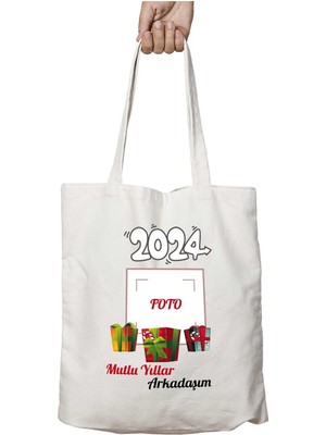 Mutlu Yıllar Hediye Paketi Iki Tarafı Kalıcı Baskılı Yıkanabilir Okul Plaj Omuz Bez Çantası
