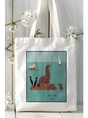 Deniz Aslanı Baskılı Bez Çanta Omuz Çantası Kişiye Özel Model 3