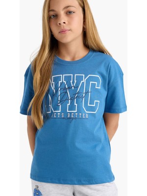 DeFacto Relax Fit Bisiklet Yaka Baskılı Kısa Kollu Tişört Kız Çocuk G0469A825AU