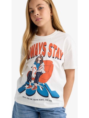 DeFacto Relax Fit Bisiklet Yaka Baskılı Kısa Kollu Tişört Kız Çocuk G0469A825AU