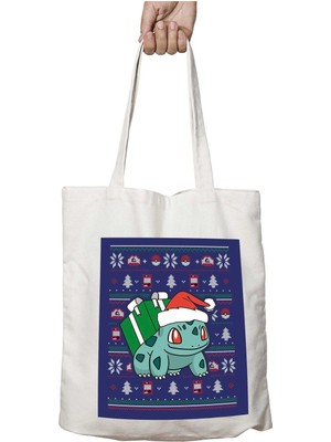 Christmas Bulbasaur Knit Pattern Pokemon Iki Tarafı Kalıcı Baskılı Yıkanabilir Çanta