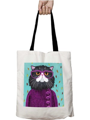 Siyah Kulplu Hippie Cat Kedi Gözlük Yıkanabilir Okul Omuz Çanta