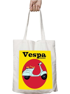 Vespa Classic Motor Iki Tarafı Kalıcı Baskılı Yıkanabilir Okul Plaj Omuz Bez Çantası